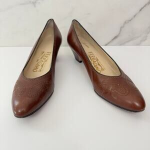 Salvatore Ferragamo Womens Heel Pump Shoe Size 7 Narrow Perforated Leather Brown
